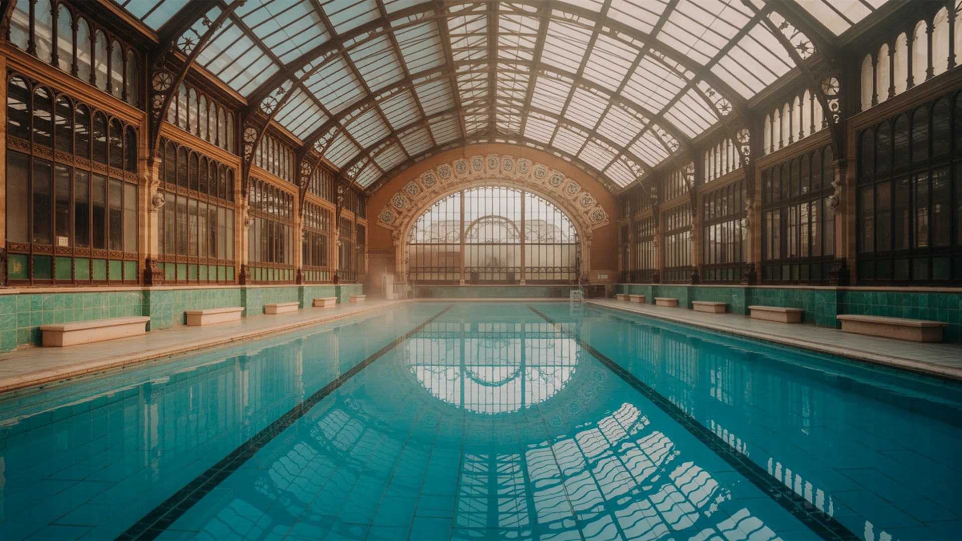 Le grand bassin des Bains Municipaux de Strasbourg sous la verrière Art Nouveau