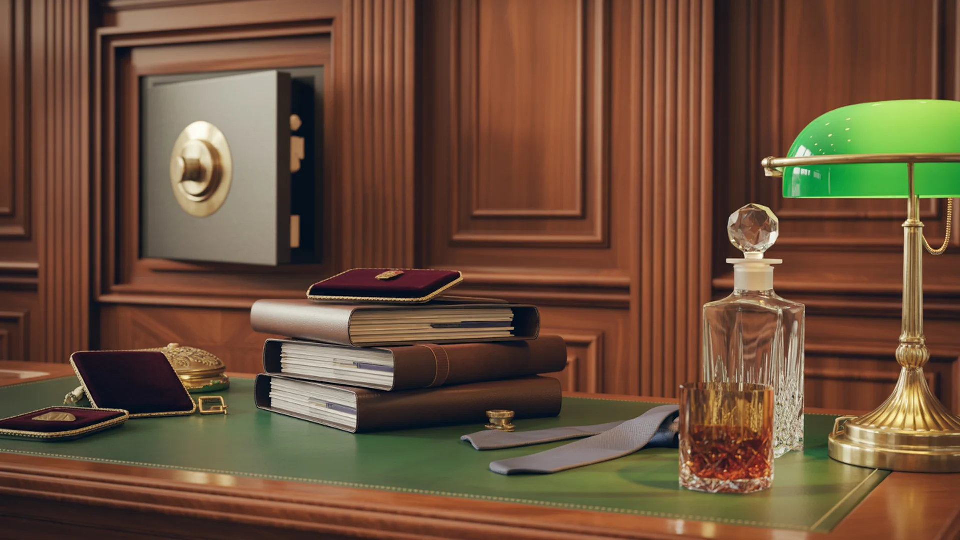 Coffre-fort Art Déco entrouvert, bureau en cuir, dossiers reliés cuir oxblood, lampe de banquier — univers de la gestion patrimoniale
