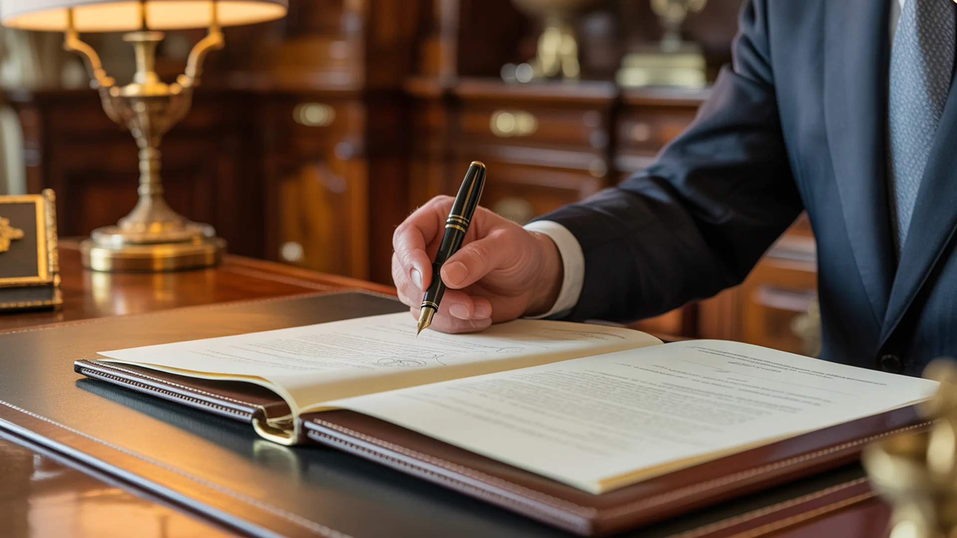 Main élégante signant un contrat de conciergerie privée avec un stylo plume, bureau en noyer