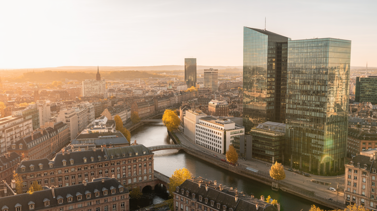 Aerial view of Strasbourg European business quarter with modern buildings and historic architecture