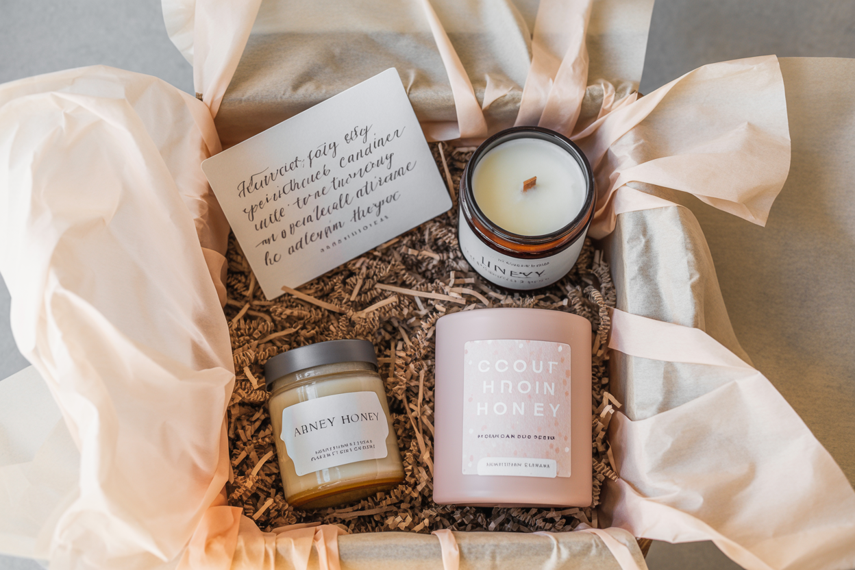 Rafinovaný firemní dárkový box se svíčkou, řemeslným medem a ručně psanou kartičkou