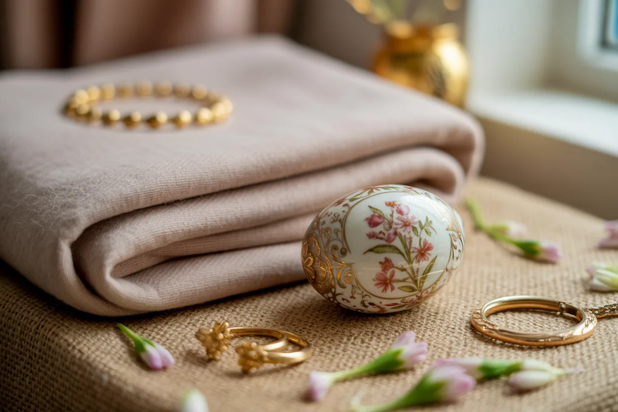 Hand-painted porcelain Easter egg with luxury accessories