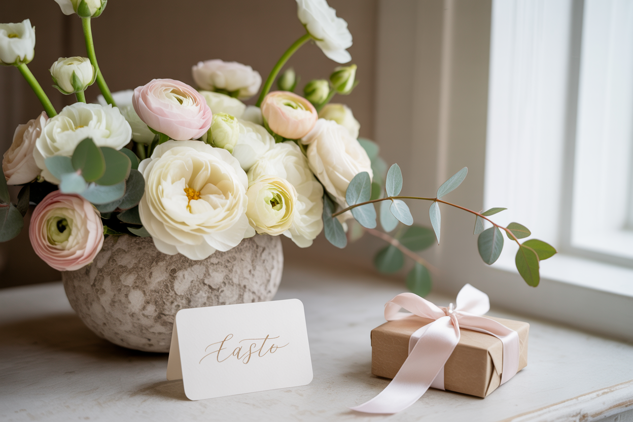 Arrangement floral de Pâques avec roses blanches et renoncules dans un vase en pierre