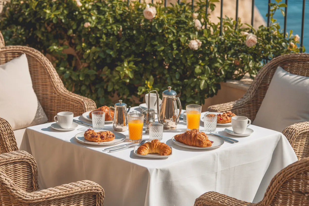 Luxurious Easter brunch on terrace with artisanal pastries