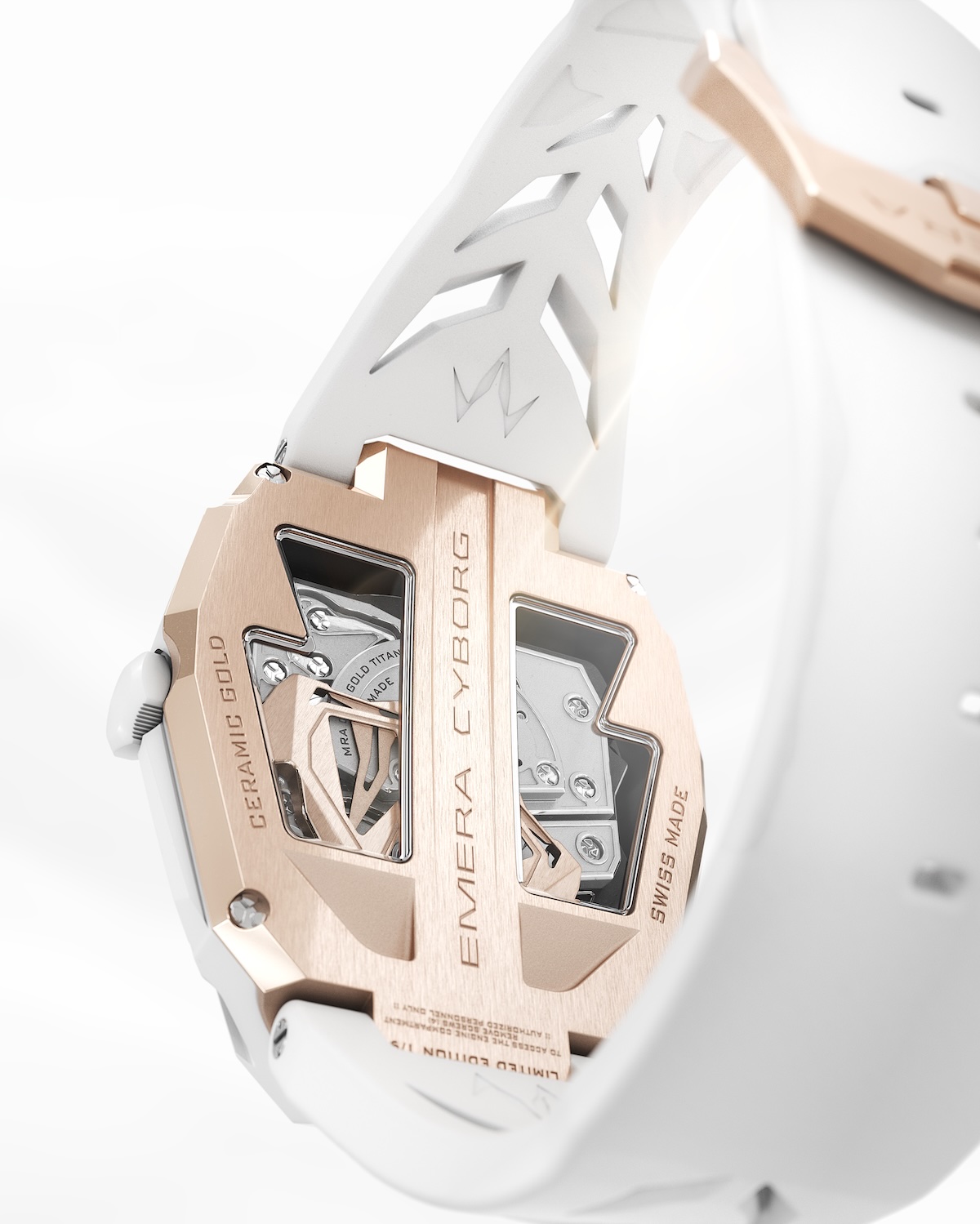 EMERA CYBORG CY 06-1 — Side view with Sidéral White strap and ceramic-gold case
