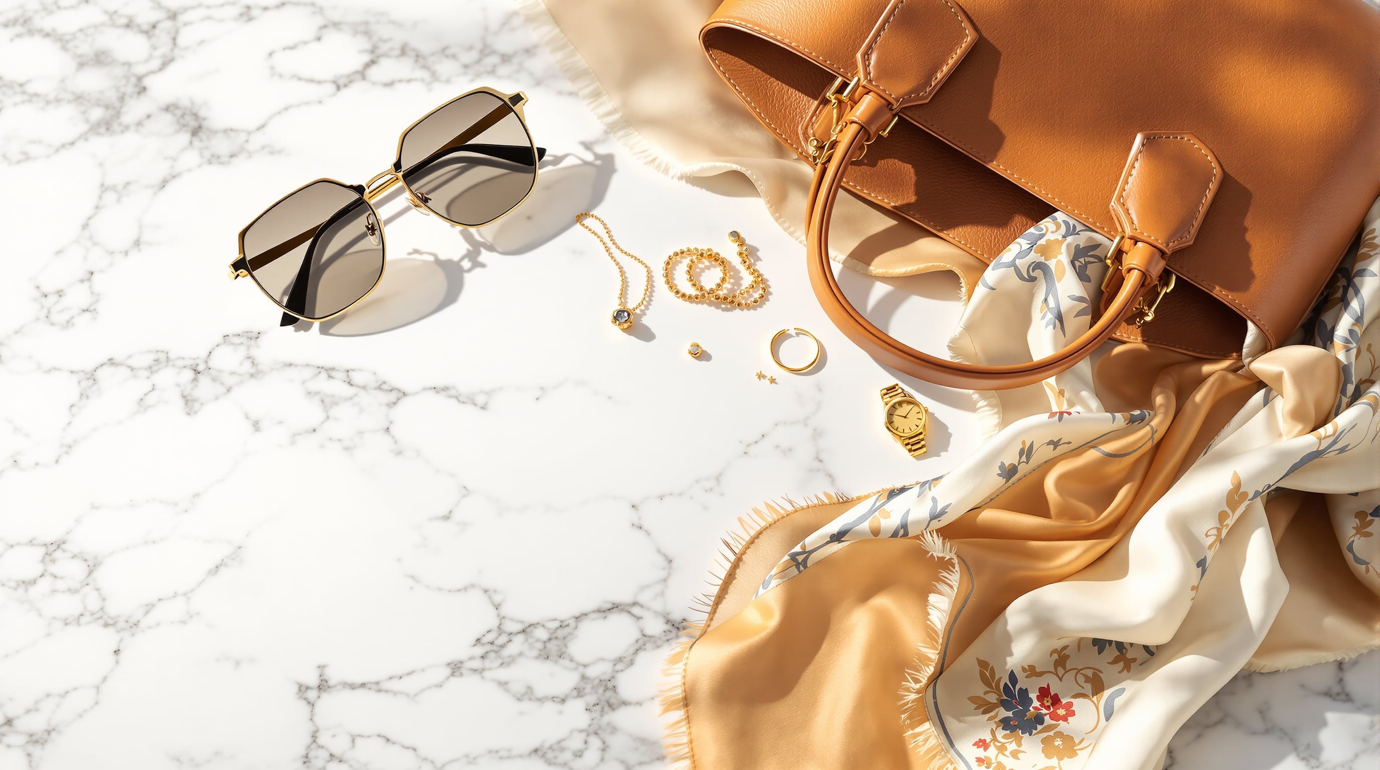 Accessoires haute couture luxe été 2026 - sac en cuir, bijoux en or et lunettes de soleil sur marbre