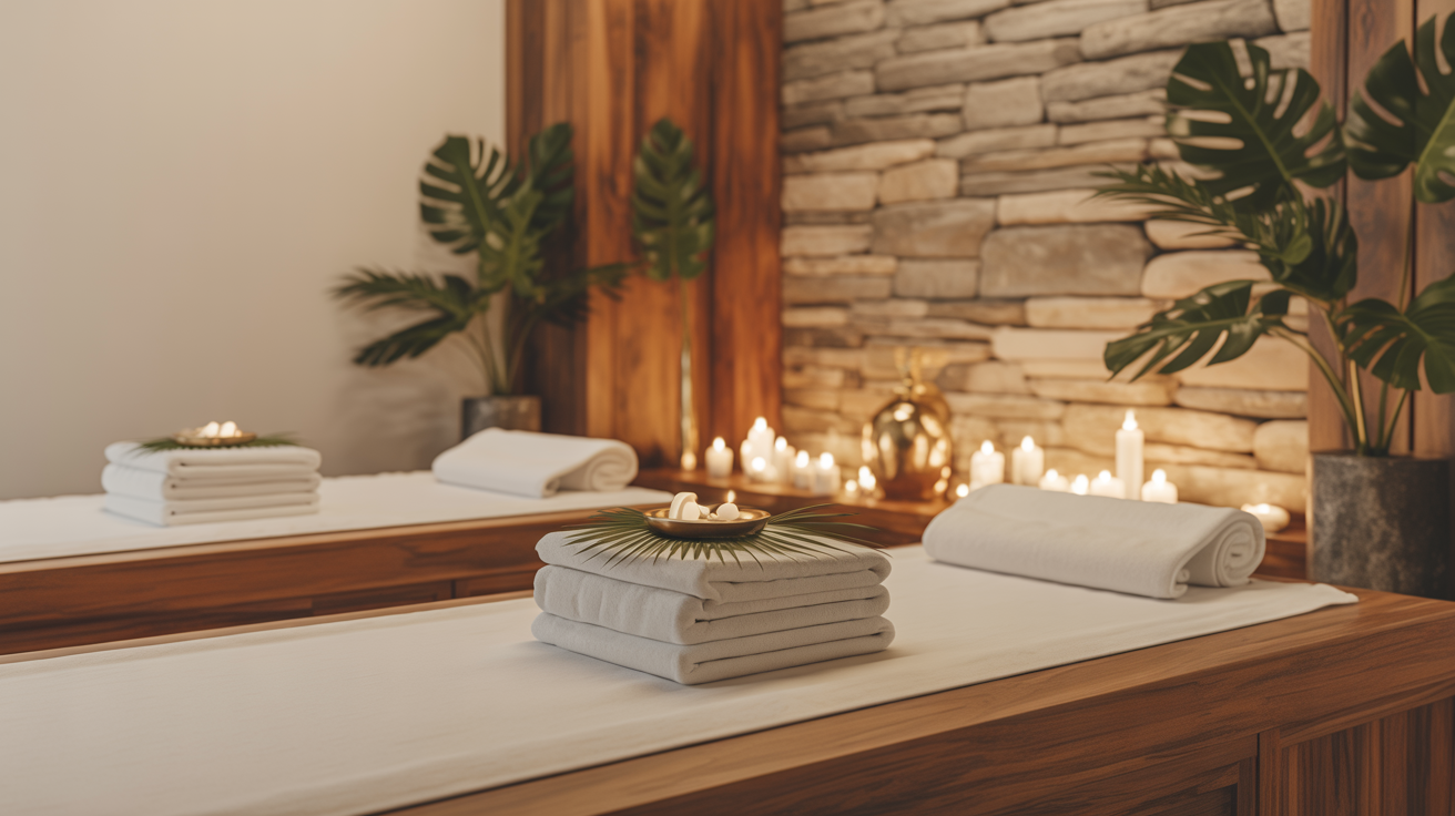 Espace spa et bien-être de luxe avec pierres naturelles, bougies et verdure tropicale