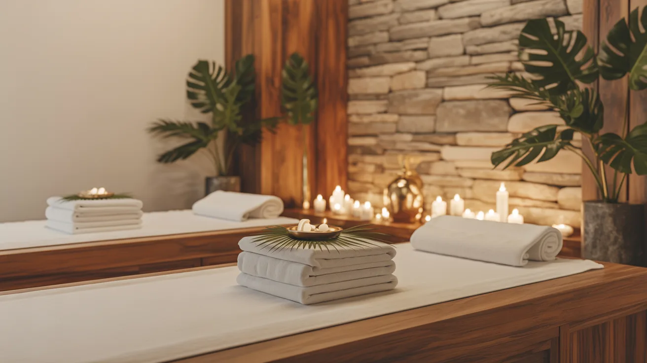 Luxusní wellness spa prostor s přírodním kamenem, svíčkami a tropickou zelení