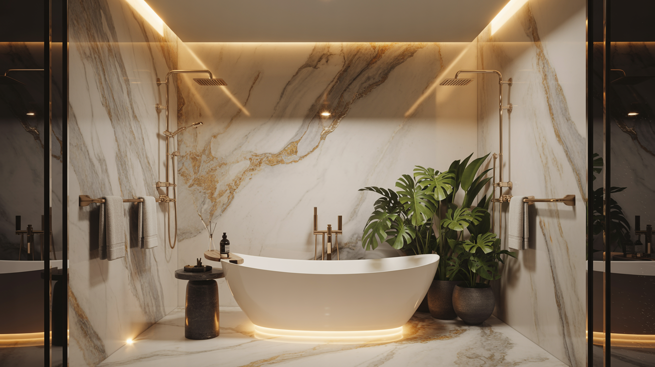 Luxusní mramorová koupelna se sochařskou vanou, mosazným příslušenstvím a zelenými rostlinami