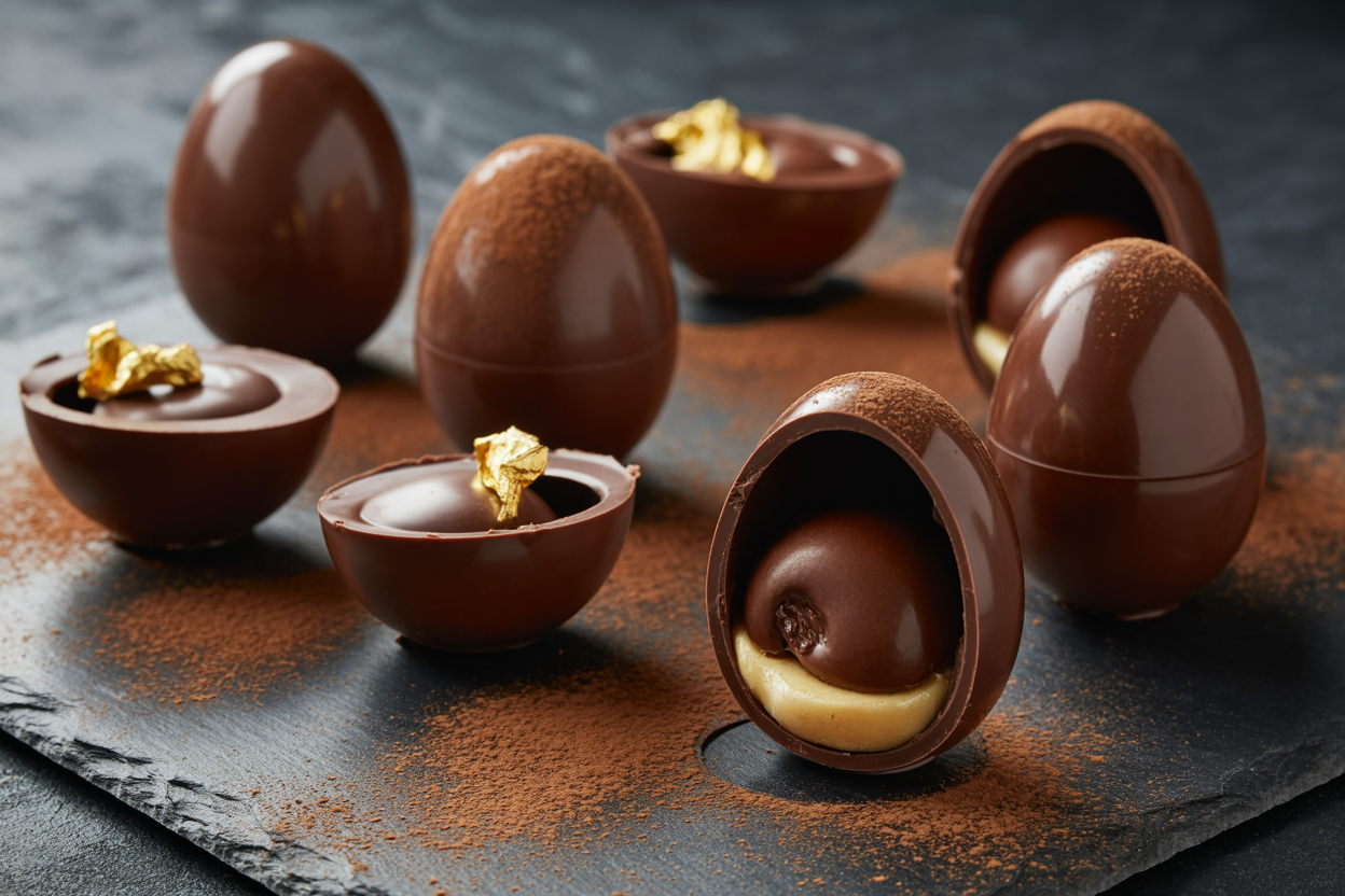 Œufs de Pâques artisanaux en chocolat ouverts révélant ganache et pralinés