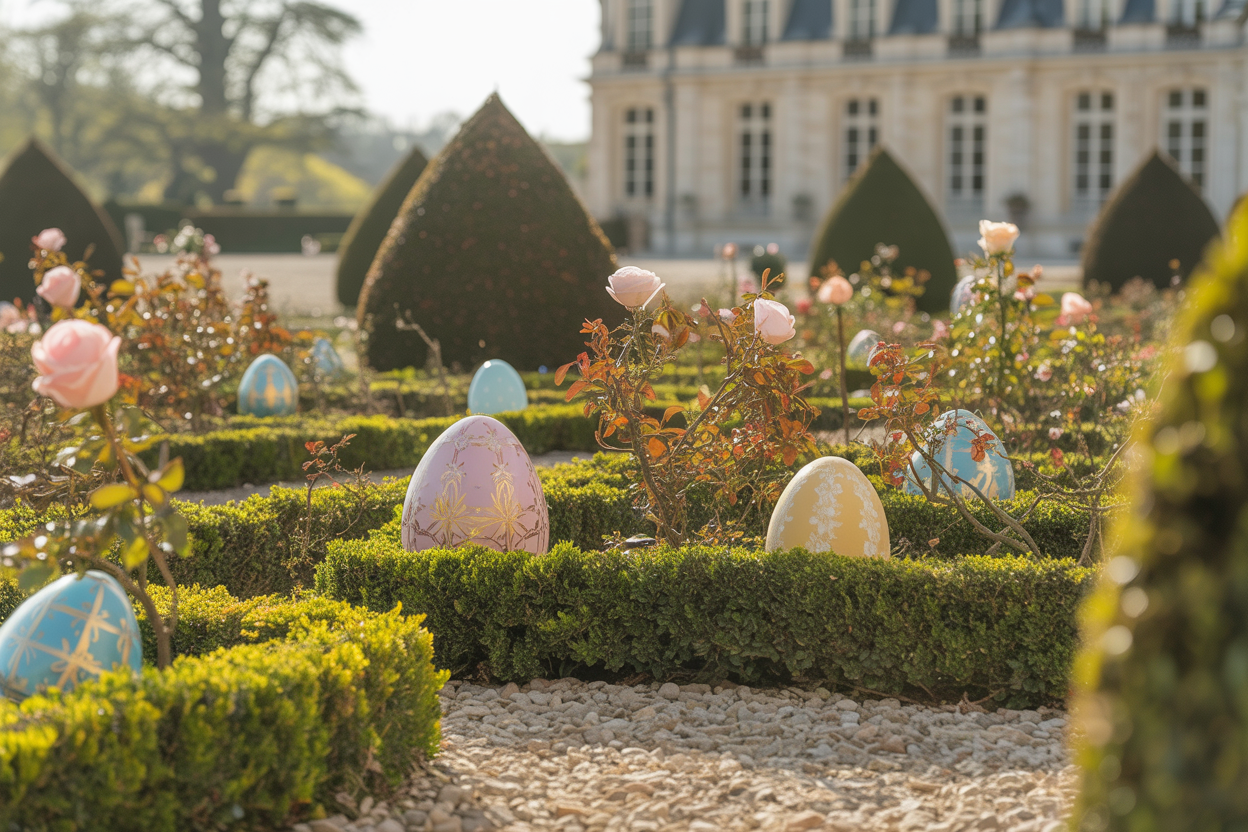 Chasse aux œufs de luxe dans un jardin de château français