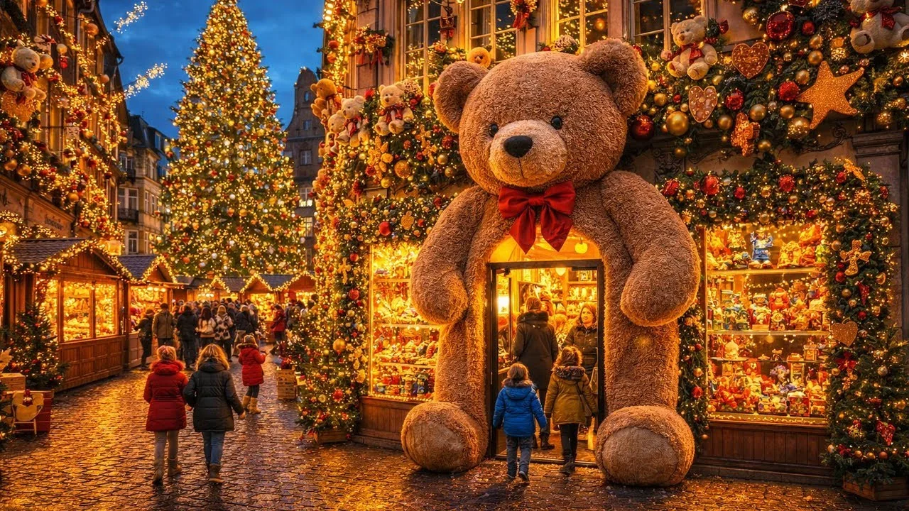 Le grand sapin de Noël et les chalets illuminés du marché de Noël de Strasbourg
