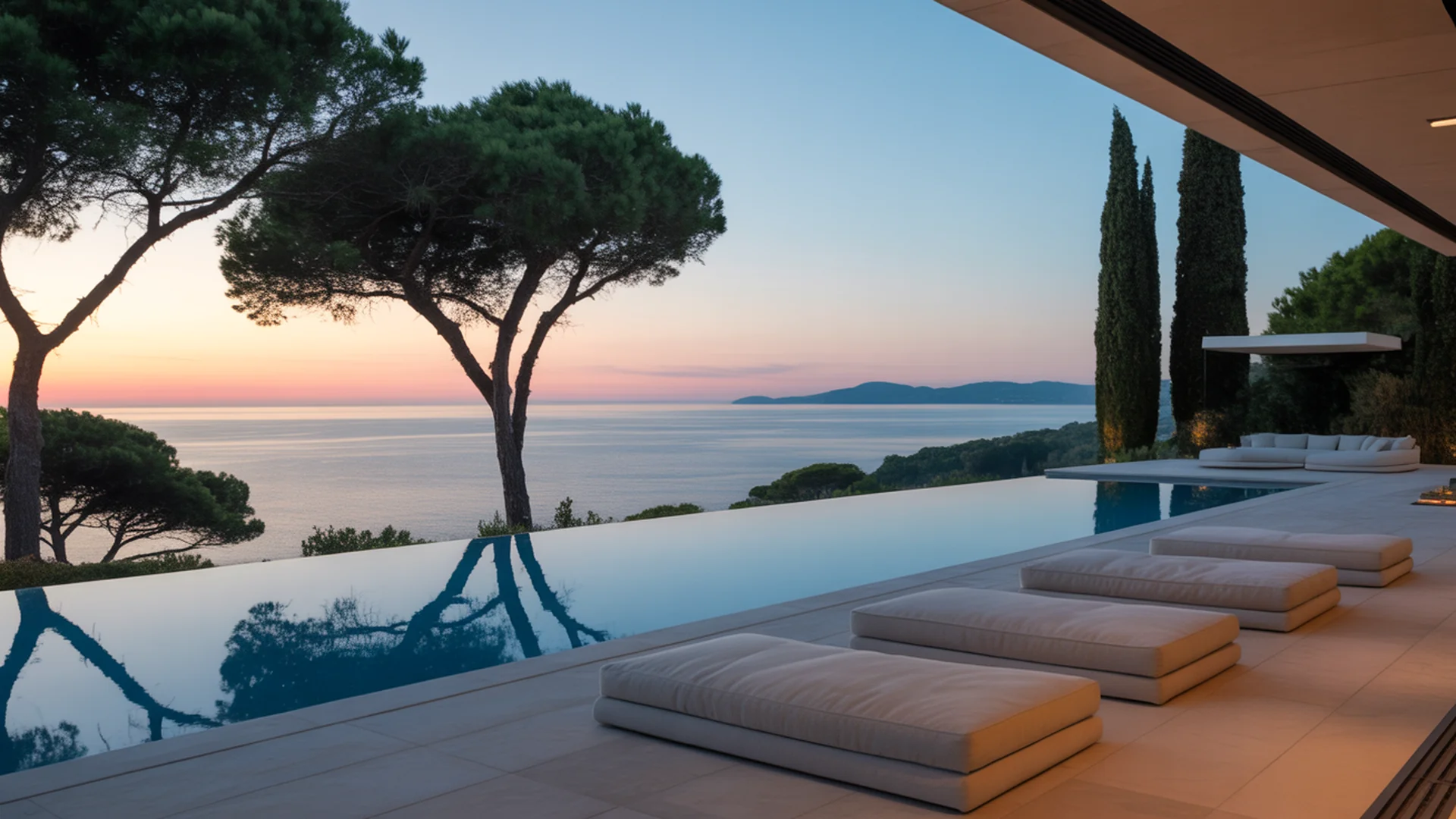 Villa contemporaine à Pampelonne avec piscine à débordement, pinède et vue sur la Méditerranée