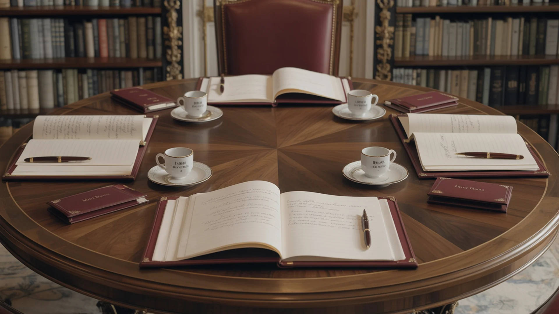 Table de réunion en marqueterie de noyer, dossiers de family office reliés cuir, stylos plume, tasses en porcelaine fine