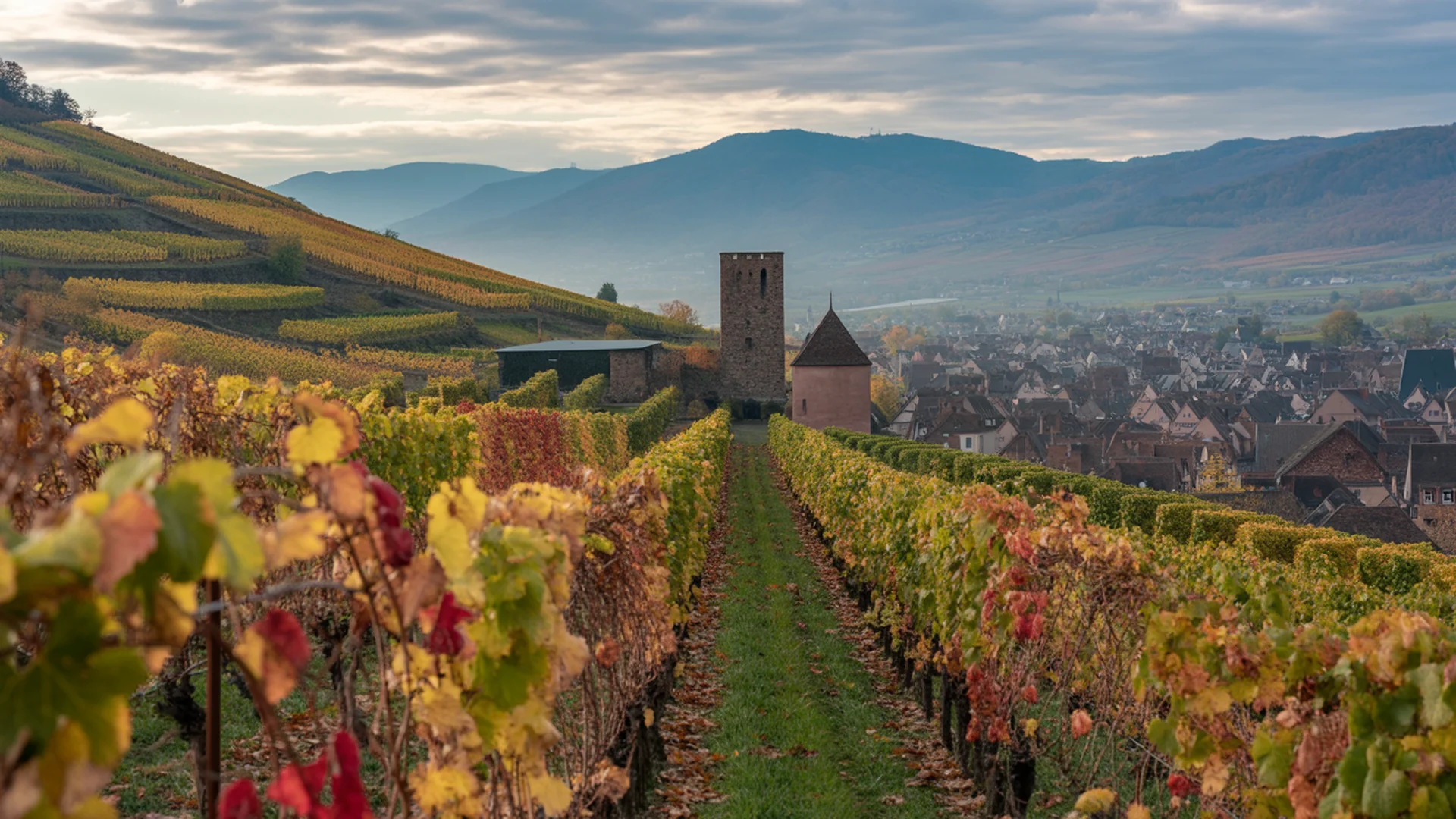 Vignoble Grand Cru Schlossberg au-dessus de Kaysersberg, vignes en terrasses, automne alsacien, Vosges en arrière-plan